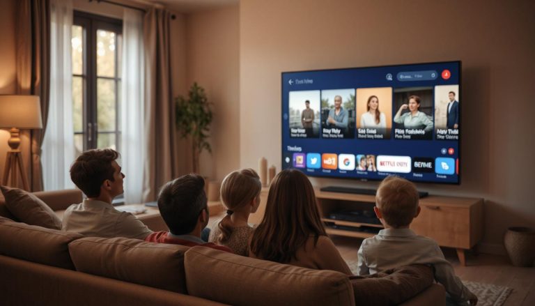 A family watching TV in the living room, looking at a channel guide
