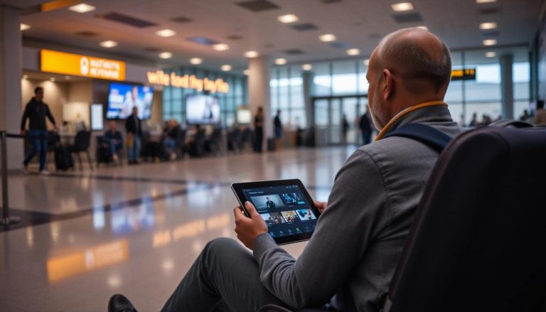 Man watching streaming TV on a tablet in an airport