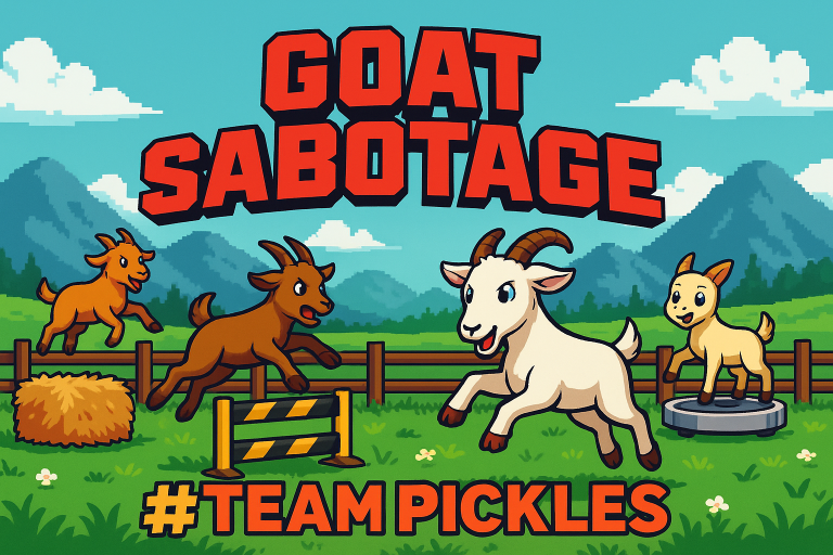 The main image for the Goat Sabotage TV show. The image has a logo and is showing goats hopping over fences and obstacles.