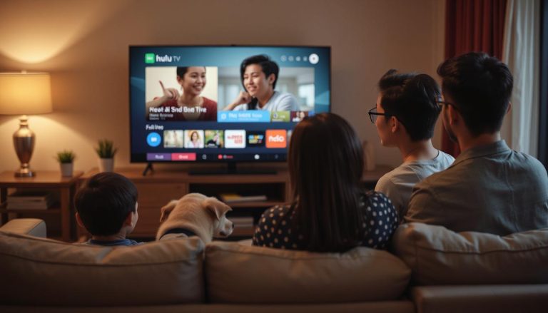 A family on the couch in their living room with a dog, watching a TV that has a Hulu logo on it as they browse channels