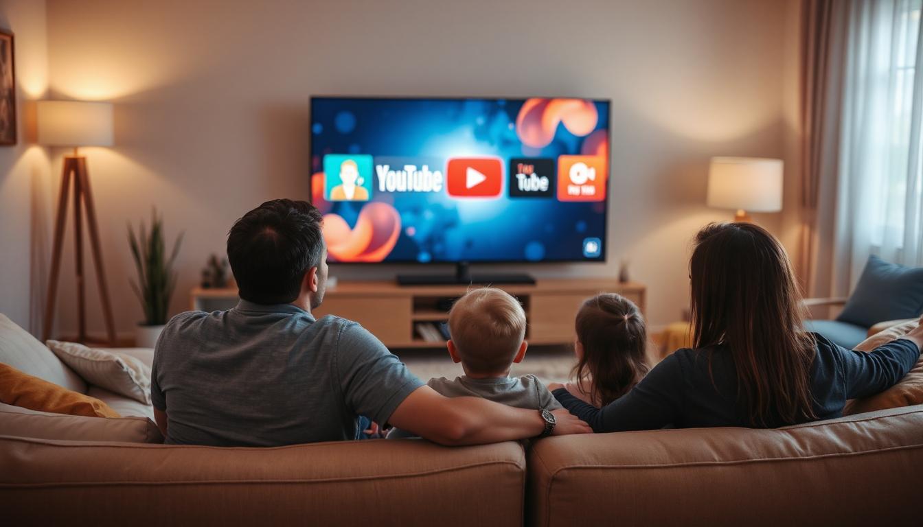 A family in their living room watching YouTube TV on their TV