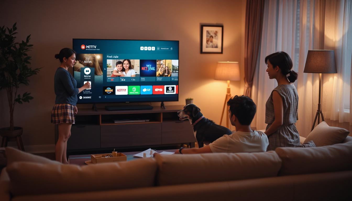 A family in a living room watching streamed TV