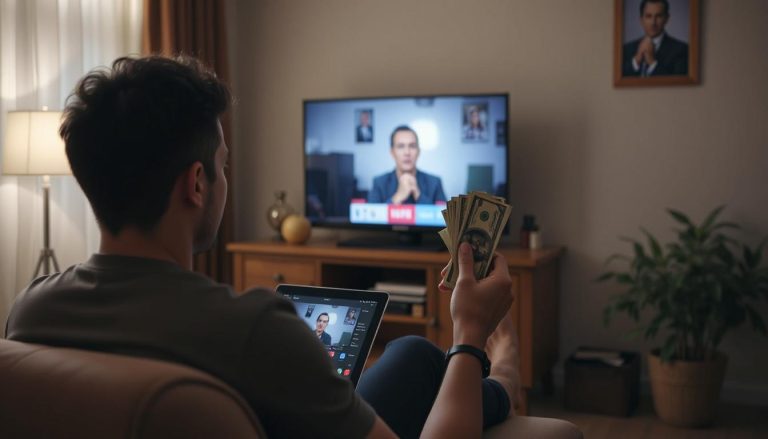 A man on a couch in front of a TV watching TV and watching something on a tablet. He is holding up money in his other hand.
