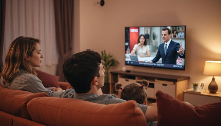 A mom, dad, and child sitting on a couch in the living room, watching news on their TV, which is mounted on the wall