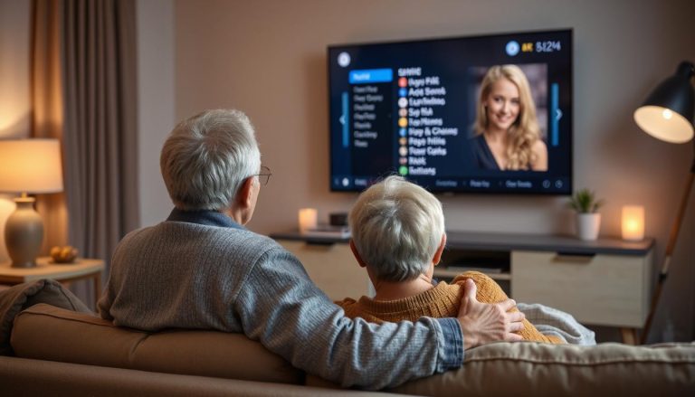 Senior man and woman watching TV in their living room. A list of channels is on the screen