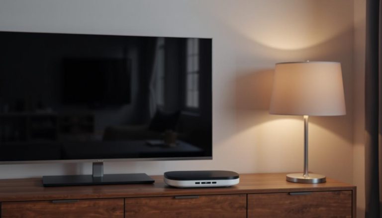 A TV in a living room. The TV is off. There's a cable box or device next to it.