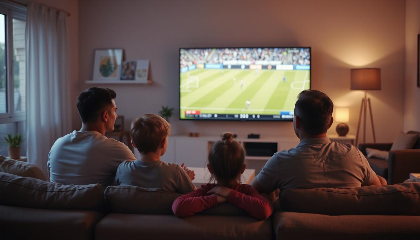 People watching sports on TV in a living room