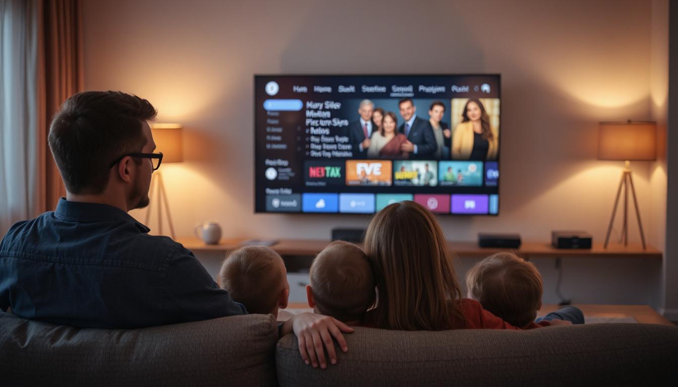A family watching television at home in the living room. We see a channel guide on the TV
