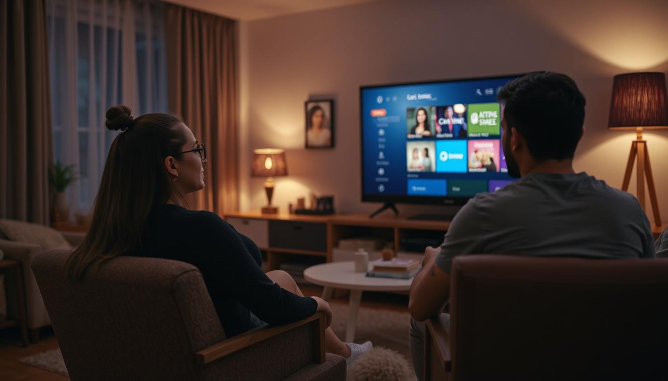 A man and woman in a living room watching TV, choosing channels