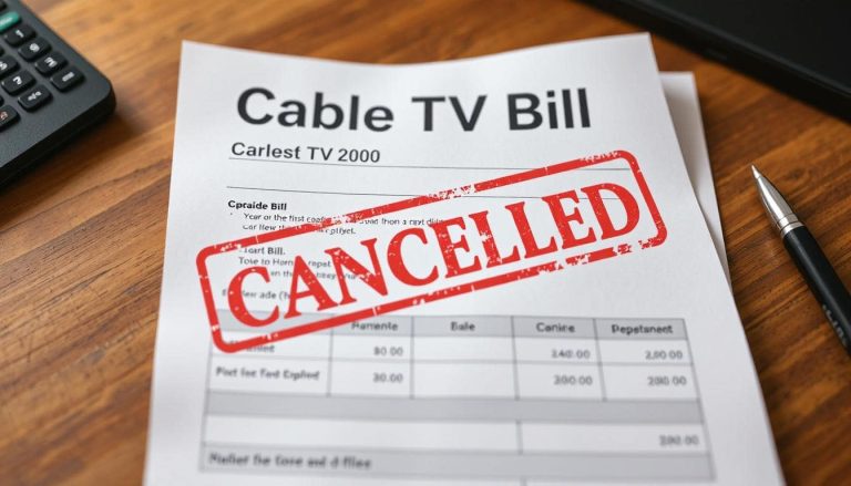A cable TV bill on a desk with the words "Cable TV Bill" at the top. It also has "CANCELED" stamped on it in red.