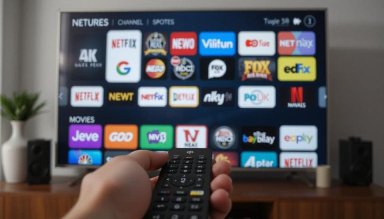 A vibrant TV interface showing a grid of channel logos or thumbnails, covering news, sports, movies, and kids’ content — no specific network logos. The TV is (very out of focus in the background:2). In the foreground in a hand with a remote control. The scene feels abundant and exciting