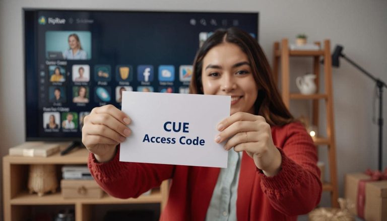 A cheerful person holding an envelope or card labeled “CUE Access Code” in front of a TV screen.