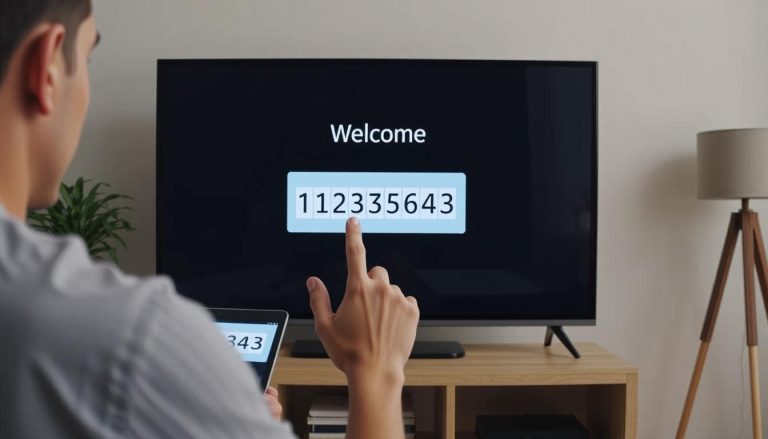 A man entering an access code on a device
