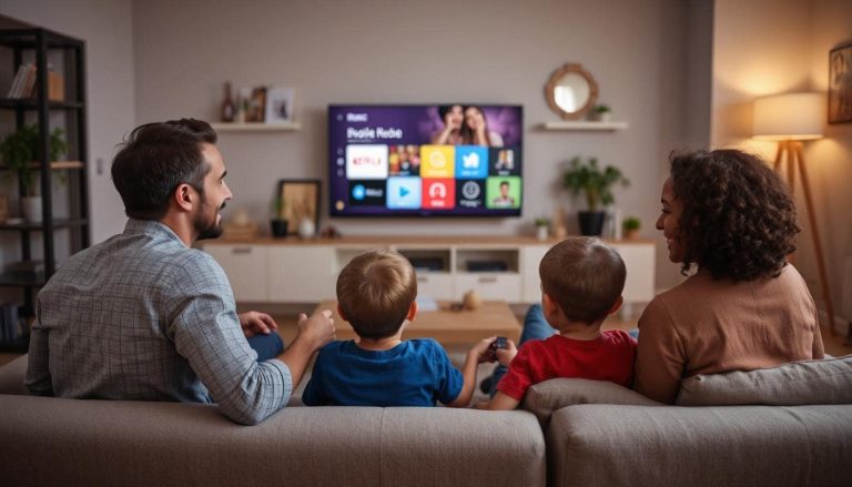 A family watching Roku TV in their living room