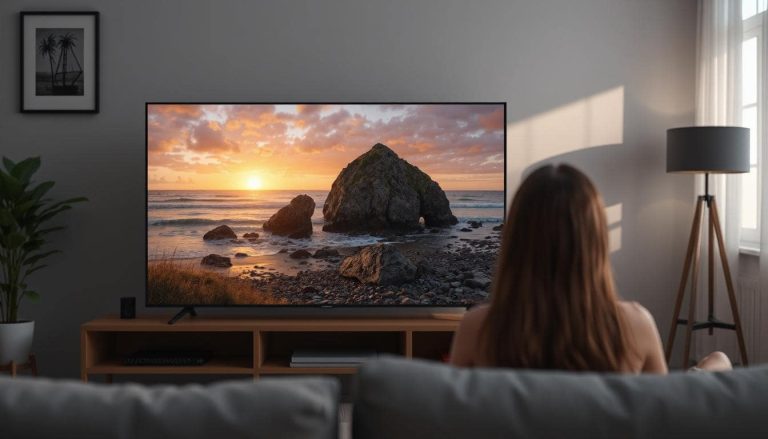 A girl watching TV in the living room