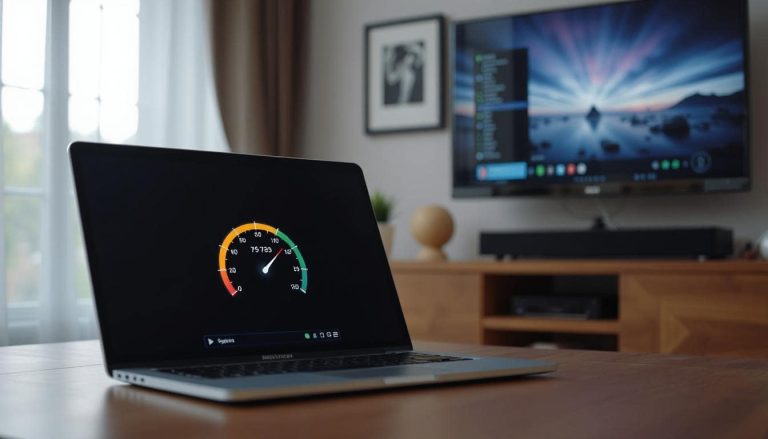 A speed test running on a laptop next to a TV streaming smoothly in the background. Emphasize a fast, clean connection with relaxed viewing — no visible logos or speed test branding.