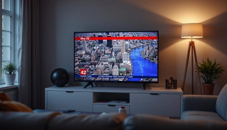 A local TV channel on a TV in a living room
