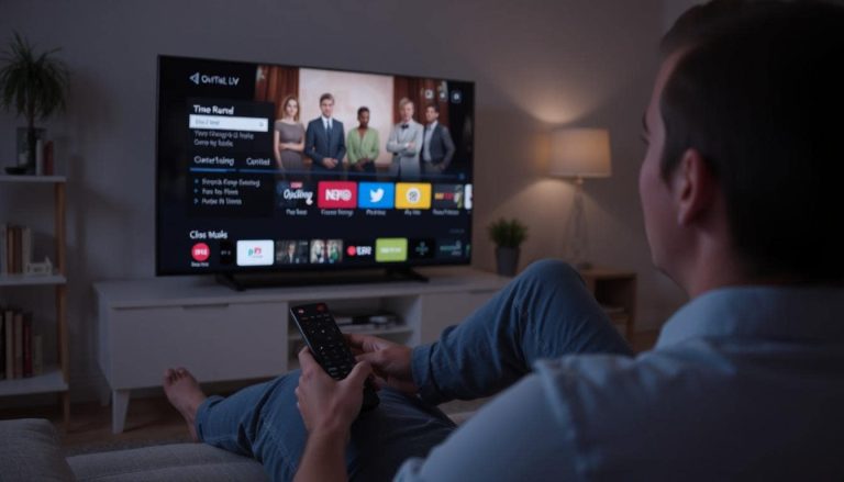 A man in his living room using streaming services on his TV.