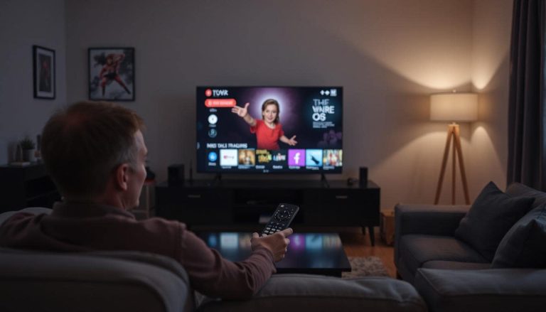 A modern living room with someone using a remote while multiple screens glow with live TV and streaming content. Include a cozy vibe, no brand logos, and tech-savvy feel.