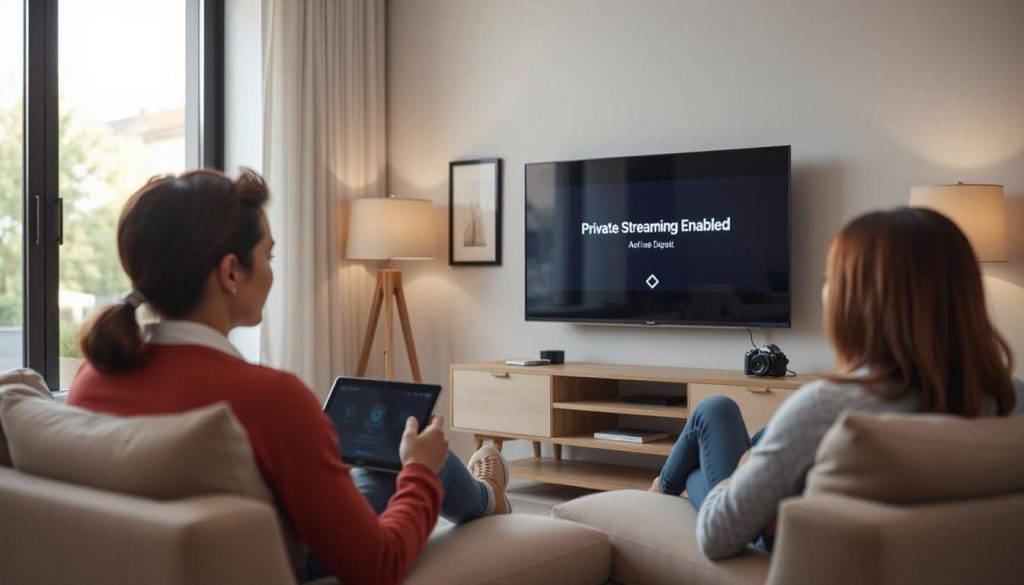 A modern living room scene with a TV displaying a “Private Streaming Enabled” message on screen. The setting includes a relaxed viewer using a tablet, with no brand logos visible. Background includes subtle icons like a padlock, a shield, or VPN lines subtly layered into the decor or wallpaper, representing privacy. Natural lighting, clean design, cozy vibe.