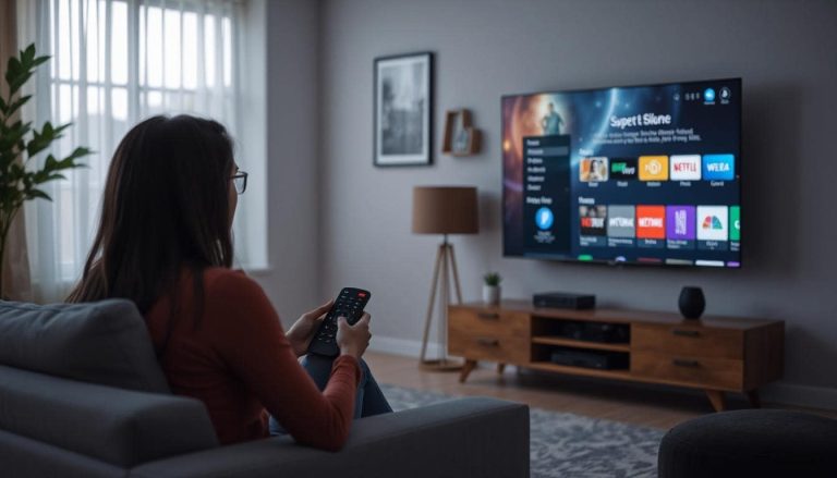 A person watching a smart TV in a modern living room with a streaming menu on screen. Remote in hand, relaxed posture. Tech-friendly and inviting atmosphere.