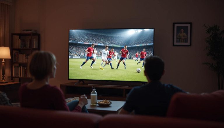 A TV screen showing live sports — football, basketball, and soccer highlights — with someone watching from the couch, snacks nearby. Action-packed, energetic feel, no specific team logos.