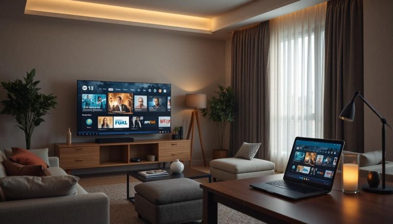 A living room and bedroom scene side-by-side — a smart TV in one room, tablet in another, and a laptop at a table — all showing different CUE streams. Emphasize flexibility and shared use.