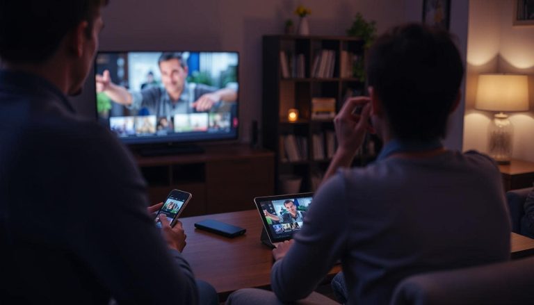 A group of people using multiple devices — someone on a phone, another on a tablet, a TV in the background, and a laptop on the table — all streaming together. Family or shared living vibe.
