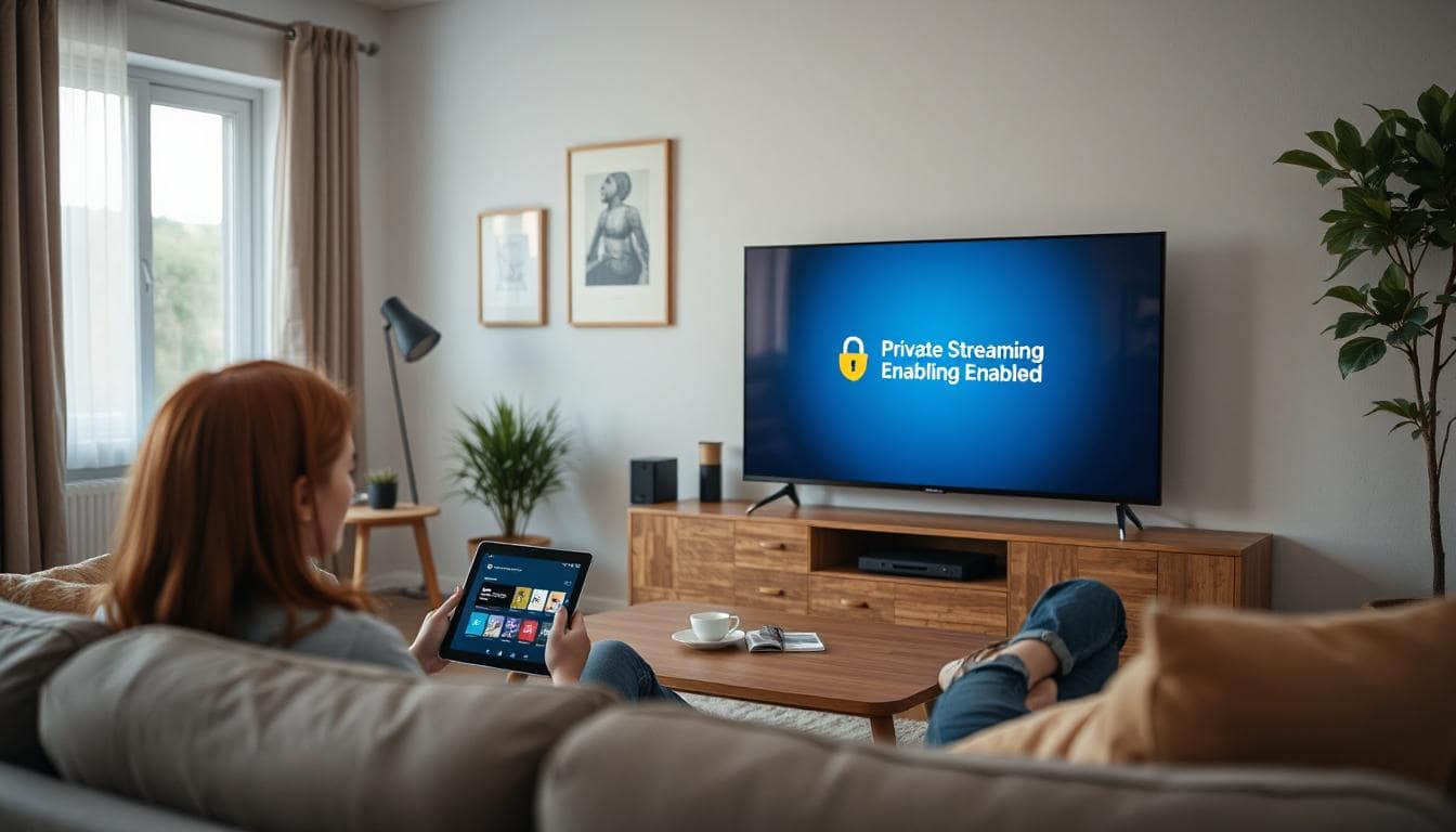 A modern living room scene with a TV displaying a “Private Streaming Enabled” message on screen. The setting includes a relaxed viewer using a tablet, with no brand logos visible. Background includes subtle icons like a padlock, a shield, or VPN lines subtly layered into the decor or wallpaper, representing privacy. Natural lighting, clean design, cozy vibe.