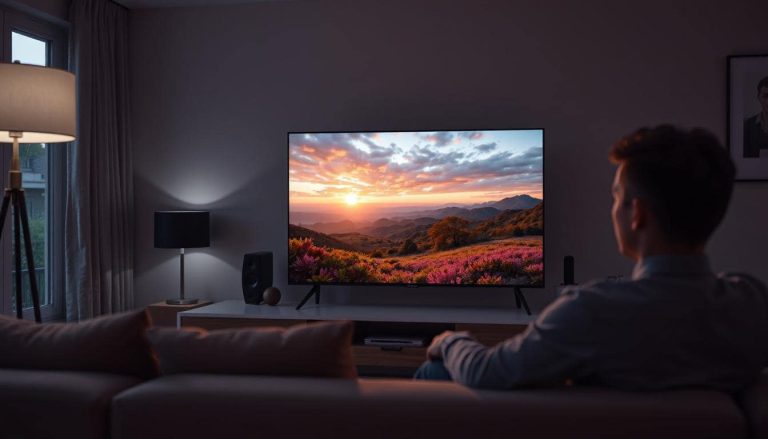 A 4K television displaying a vibrant nature scene or action shot, with an ultra-crisp image and a viewer watching from a couch. Modern, cinematic vibe.