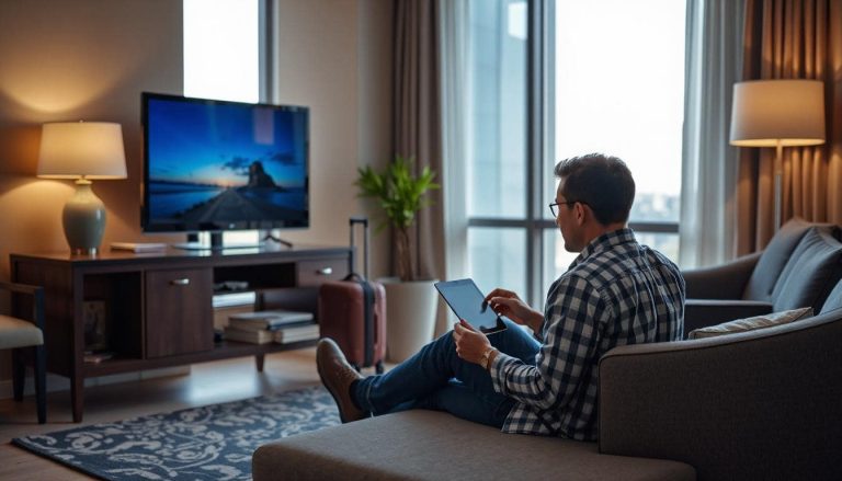 A traveler watching TV on a tablet in a hotel room or airport lounge. Luggage nearby, relaxed setting. Focus on portability and freedom — no brand names.