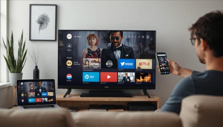 A group of devices (TV, laptop, tablet, phone) all displaying streaming content, with a person casually flipping between them. Tech-savvy, modern, clean layout — no logos.