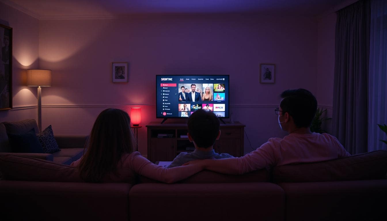 People watching Showtime on their TV in their living room.
