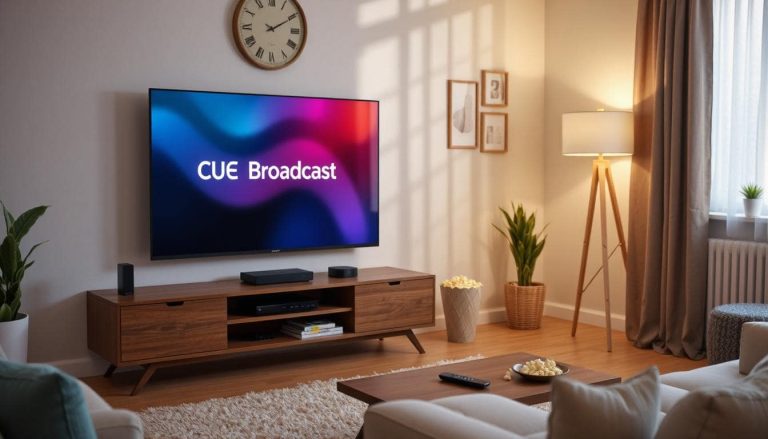 A simulated screen showing CUE Broadcast