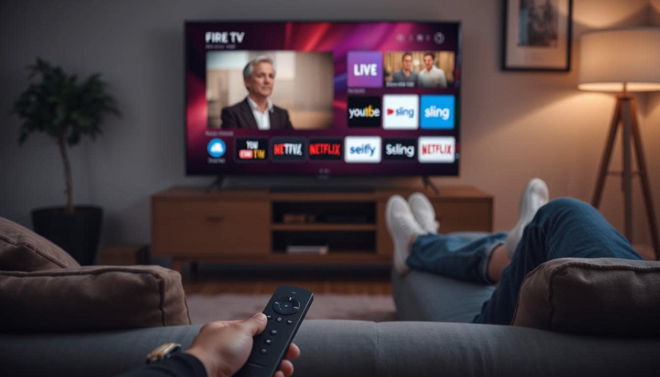A simulated menu you might see on a device like an Amazon Firestick, shown on a TV in a living room with someone holding a remote control
