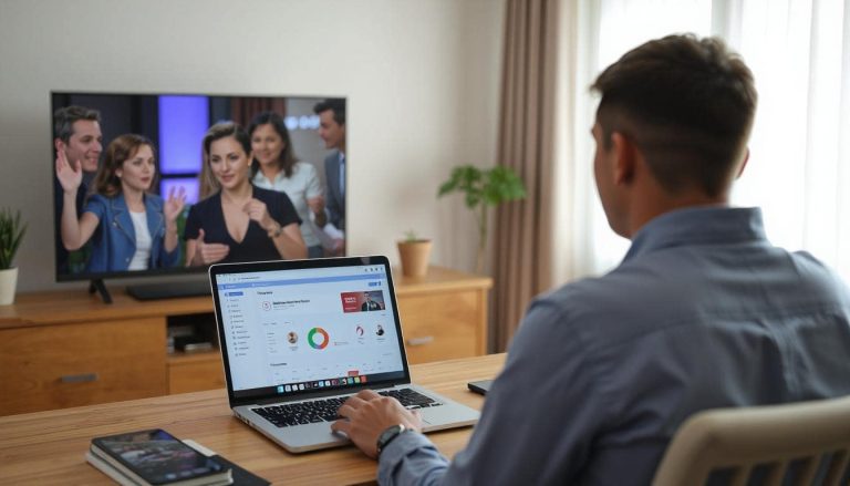 Someone watching CUE TV on a screen and working on their laptop.