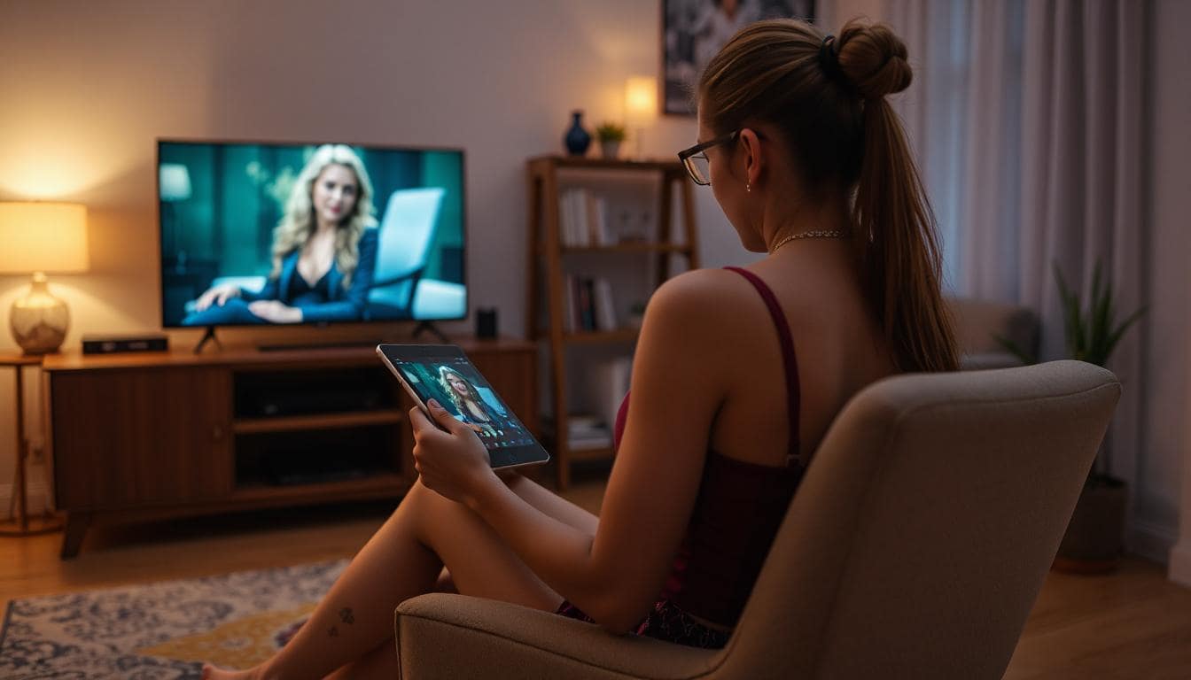A college girl with glasses watching TV in the living room and on a tablet device.