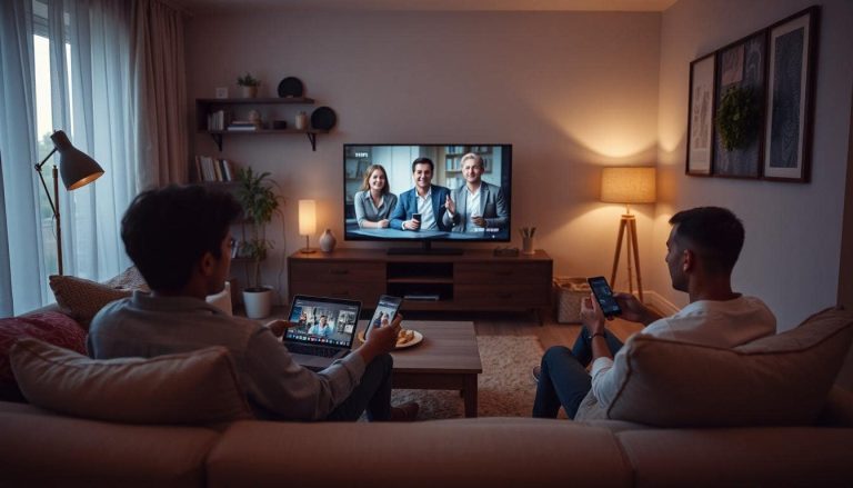 A modern living room with multiple people watching different shows on different devices—TV, laptop, tablet, and smartphones—at the same time, cozy and casual, natural lighting.