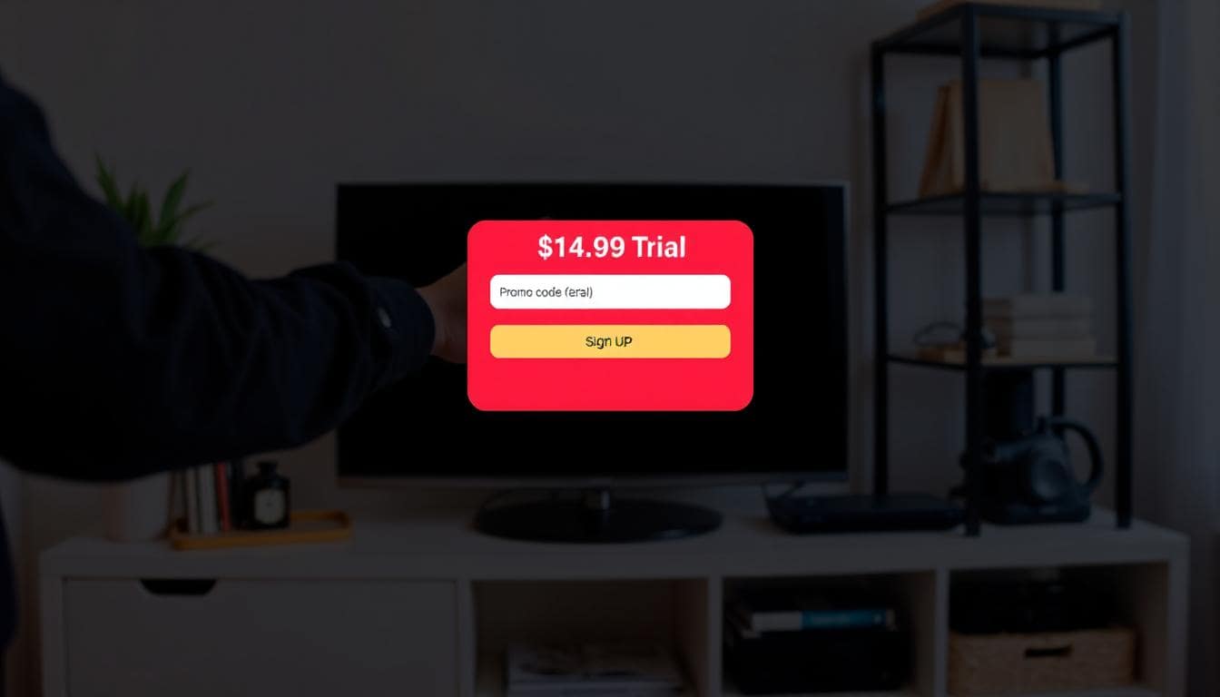 A free trial and promo code shown on a screen