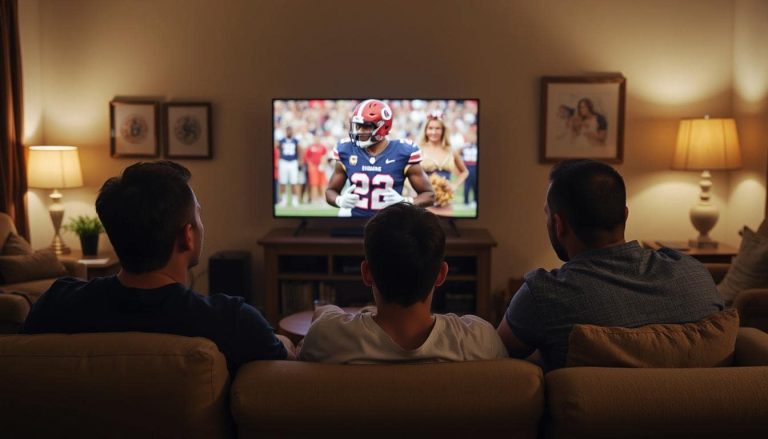 Guys in the living room watching football on TV