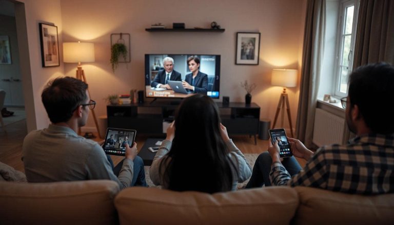 A modern living room with multiple people watching different shows on different devices—TV, laptop, tablet, and smartphones—at the same time, cozy and casual, natural lighting.