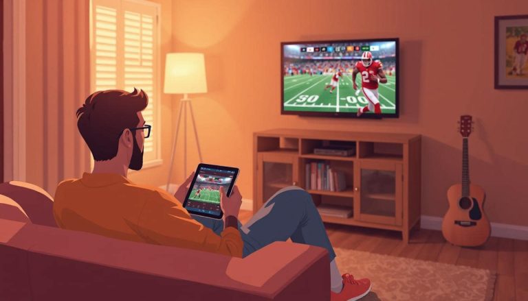 Illustration of a man watching NFL football on TV in his living room