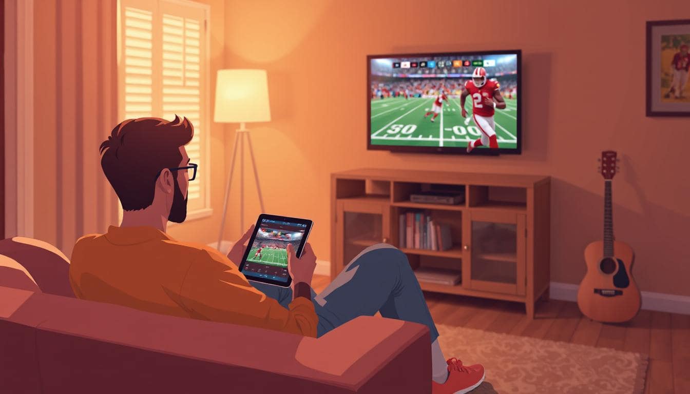Illustration of a man watching NFL football on TV in his living room
