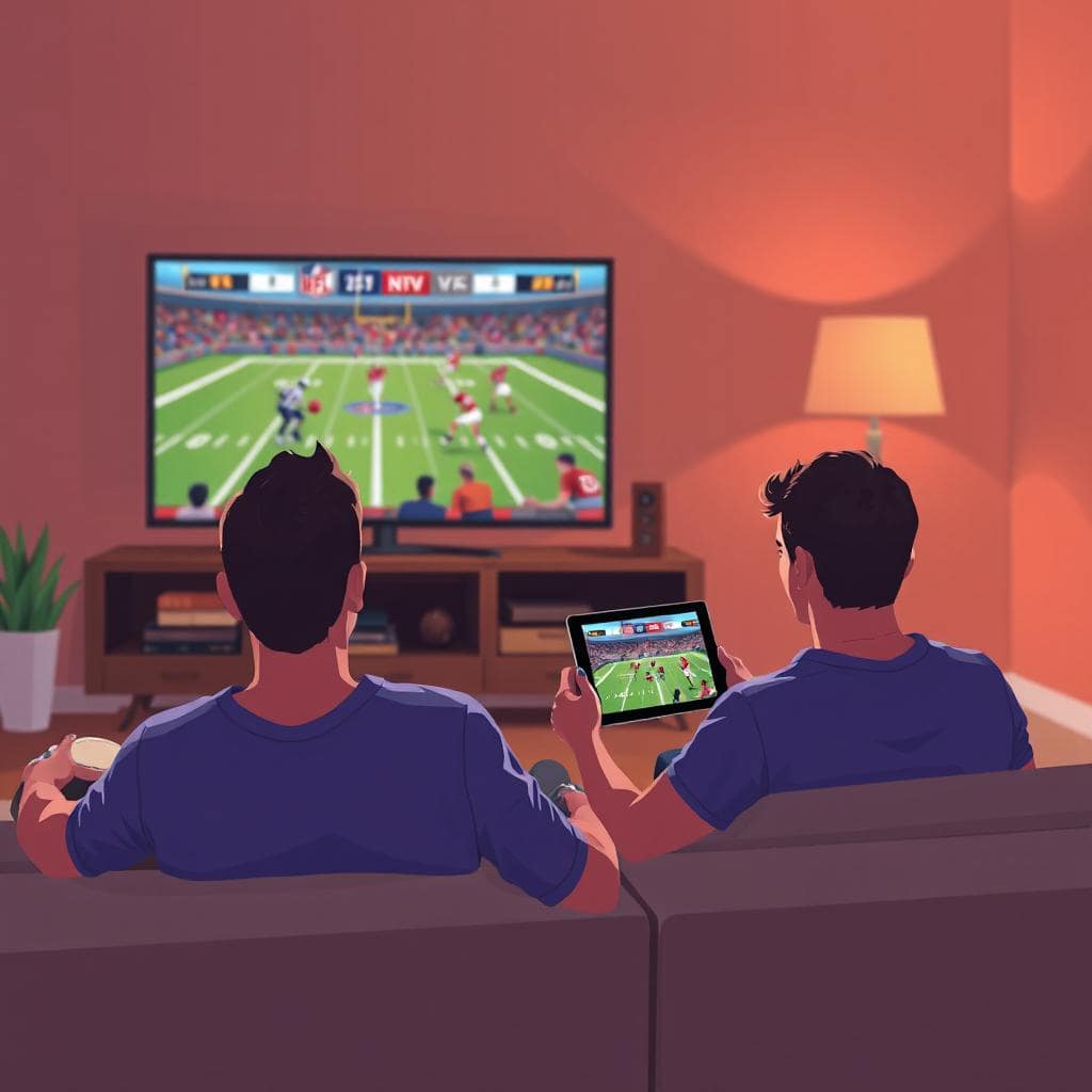 Two guys watching TV in the living room - also streaming on a tablet