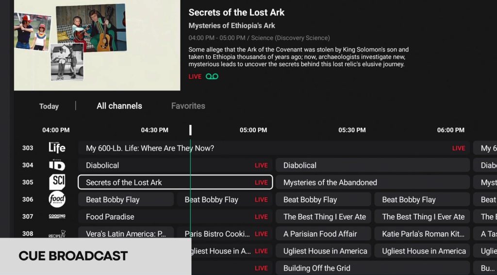 Channel selector screen - CUE Broadcast