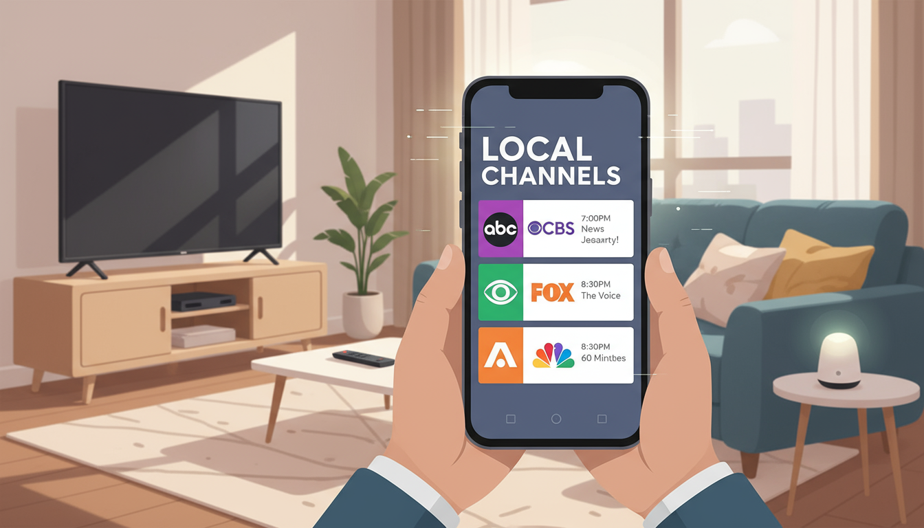 Person watching local TV channels on a smartphone with a TV guide showing ABC, CBS, FOX, and NBC.