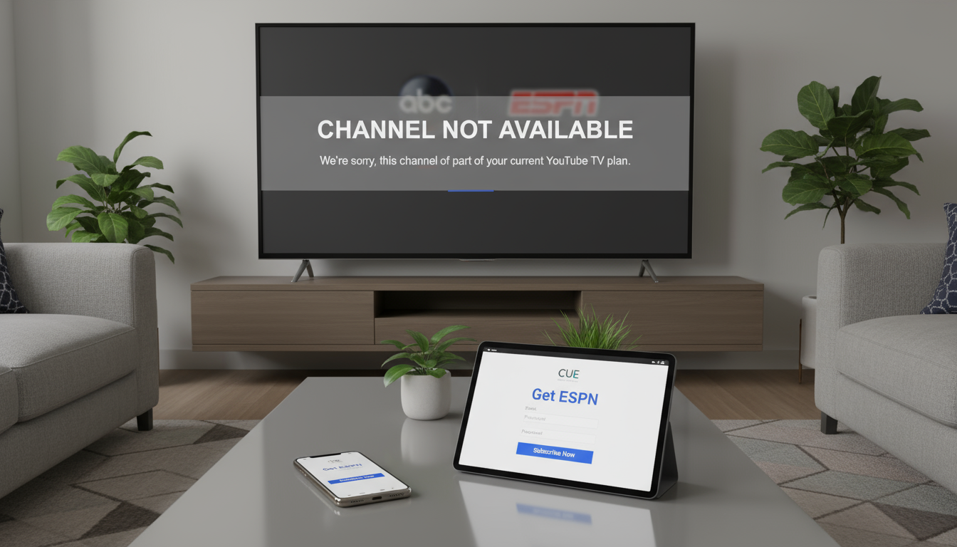 YouTube TV blackout notice with ABC and ESPN not available, next to devices offering ESPN app and CUE as alternatives.