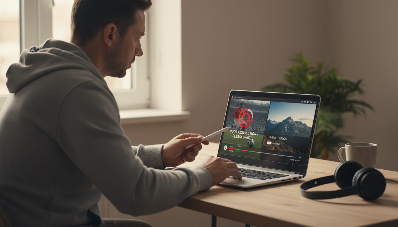 Person comparing unstable IPTV streams to a reliable streaming service on a laptop.