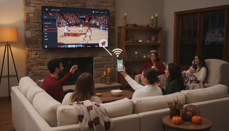 Friends watching a Wisconsin Badgers game on FS1 streamed from a phone to a TV in a cozy living room.