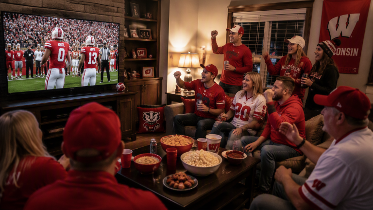 Family and friends watching WI Badgers football on TV in a living room. People in fan or team apparel.